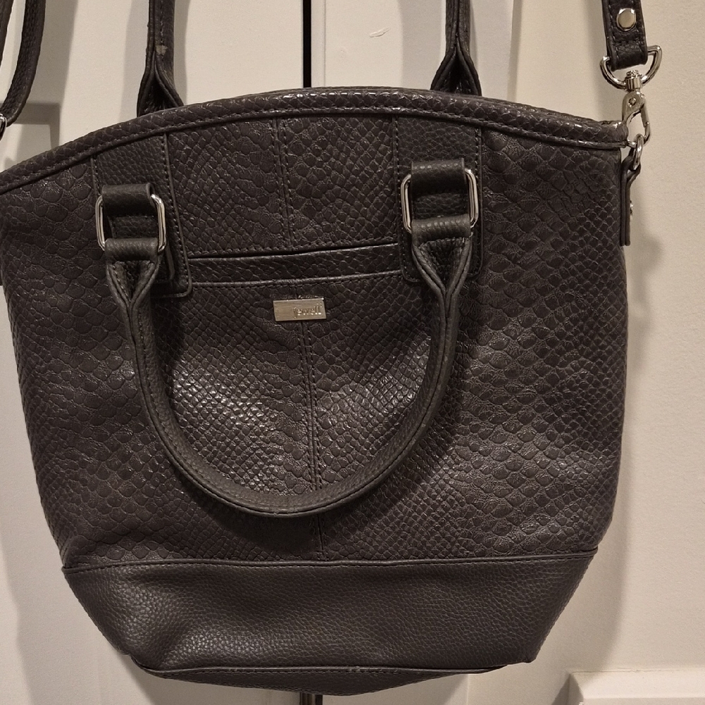 Jewell Dark Gray Pebbled Leather Crossbody with Top Handles  12 Wide x 11 High 4